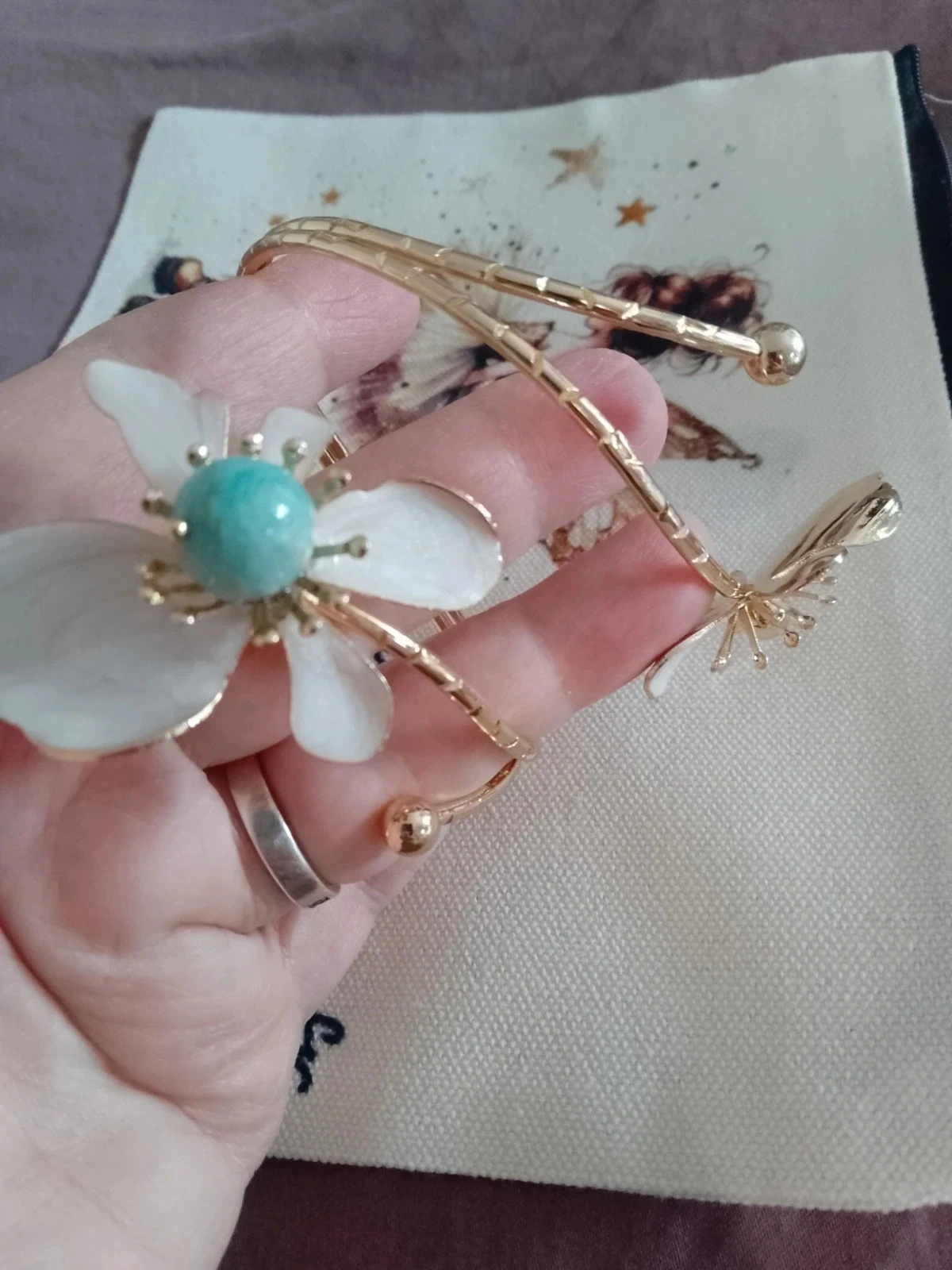 Bracelet bohème pierre d'amazonitevet fleurs blanches – photo 3